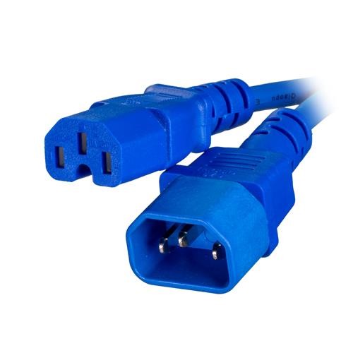 Blue IEC power cable featuring C14 and C15 connectors, made of durable rubber with a 1.0mm thickness, designed for reliable electrical connections.