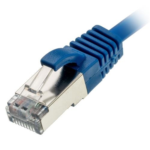 Blue Ethernet cable with a slim design, featuring a transparent plastic connector and a clip for secure attachment, labeled as Cablenet CNL 5M C6 Bl UTP Ls 30AWG.