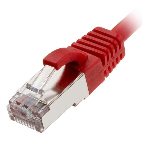 Red Cat6 U/FTP networking cable, 5 meters long, featuring a slim design and a clear plastic connector with a red clip for secure connection.