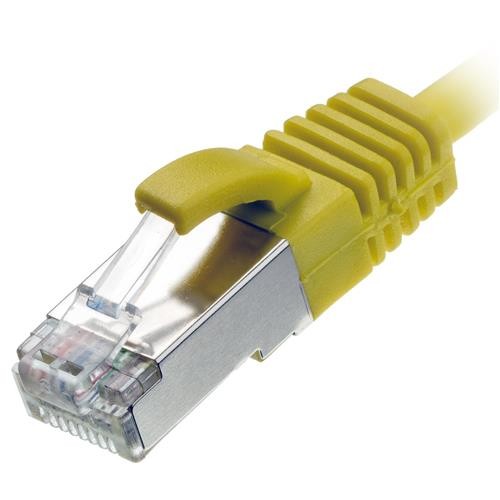 Yellow 5-meter Ethernet cable with a slim design, featuring a clear plastic connector and metallic clip, designed for high-speed data transmission.