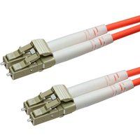 Orange Cablenet fiber optic cable with dual beige LC connectors and white sleeves.