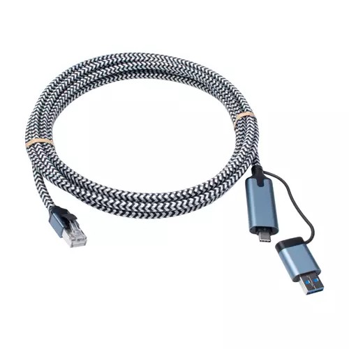 Grey and black braided networking cable featuring USB-C and USB-A connectors, with a blue metal housing and an RJ45 connector, designed for 1G Ethernet connectivity.