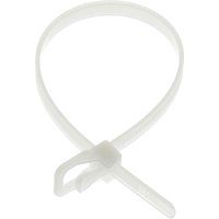 Releasable white nylon cable tie by Cablenet, looped with a locking mechanism, pack of 100.