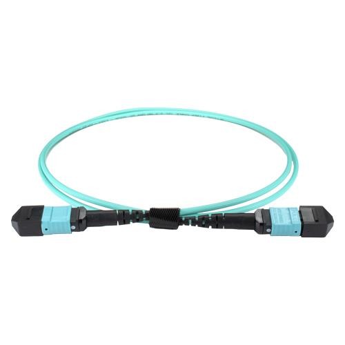 Aqua-colored Cablenet MPO-12TC4MPO5 InfiniBand/fibre optic cable, 5 meters long, featuring two black connectors with light blue accents on each end.