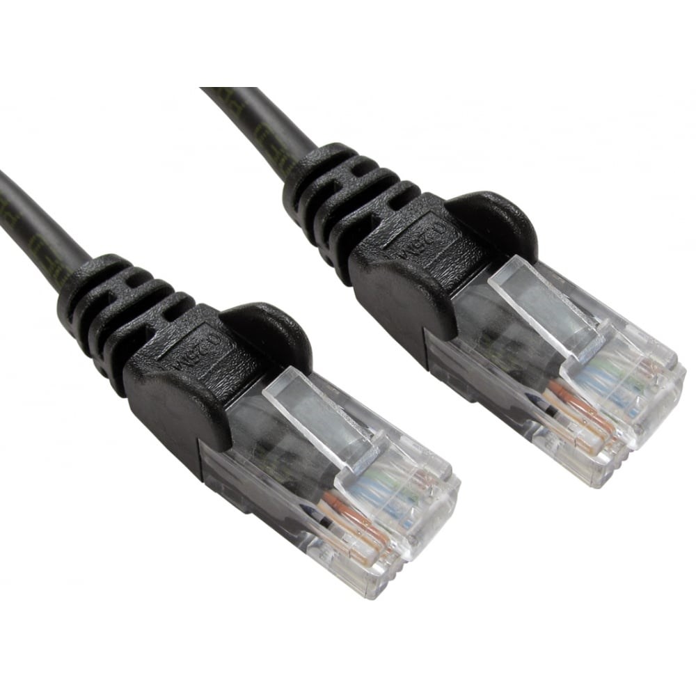 Black 1.5m Ethernet networking cable with clear plastic connectors on both ends, designed for 10/100 Mbps data transfer.