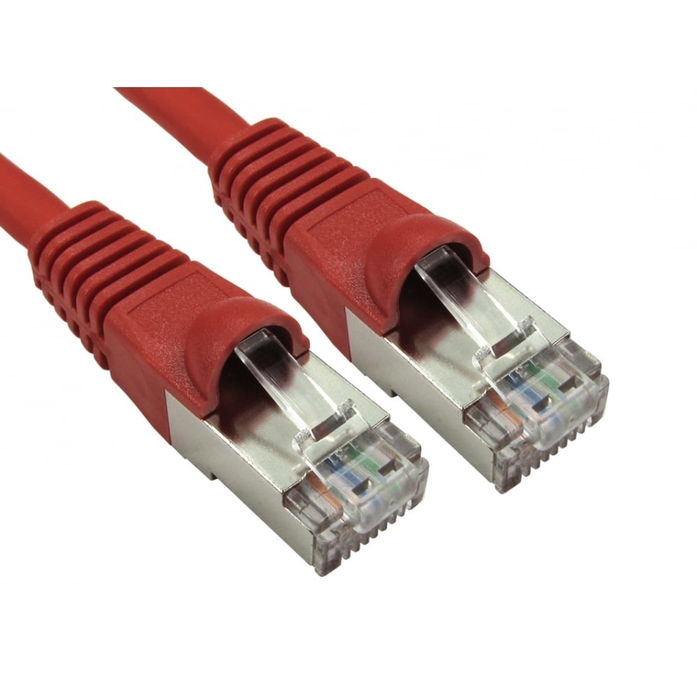 Red 10m CAT6a M-M networking cable featuring S/FTP (S-STP) shielding, with clear connectors and a durable design for high-speed data transmission.