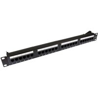 Black 24 port Cat5e patch panel 1U by Cables Direct with numbered ports and metal mounting brackets.