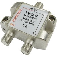 Metallic Cables Direct 2FCONN-COMBINER cable splitter with three coaxial ports and labeled frequency range.