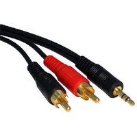 Black Cables Direct audio cable, 5m, with 3.5mm plug and two RCA connectors, one red and one black.
