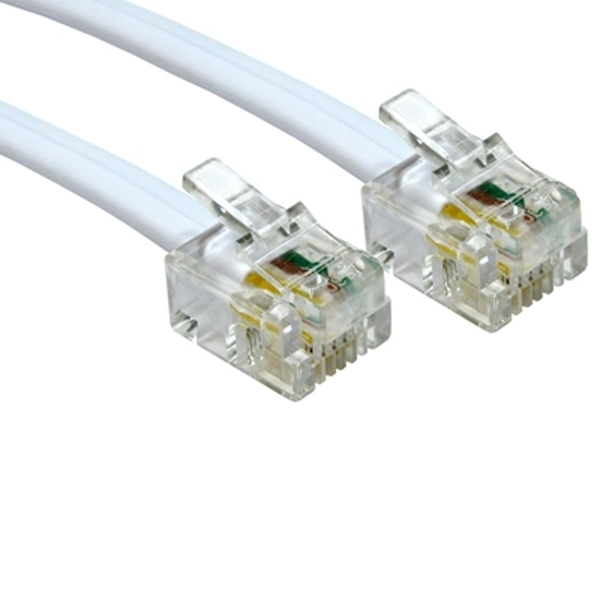 White RJ11 plug to plug modem cable, 3 meters long, featuring clear plastic connectors with gold contacts and a flexible white cable.