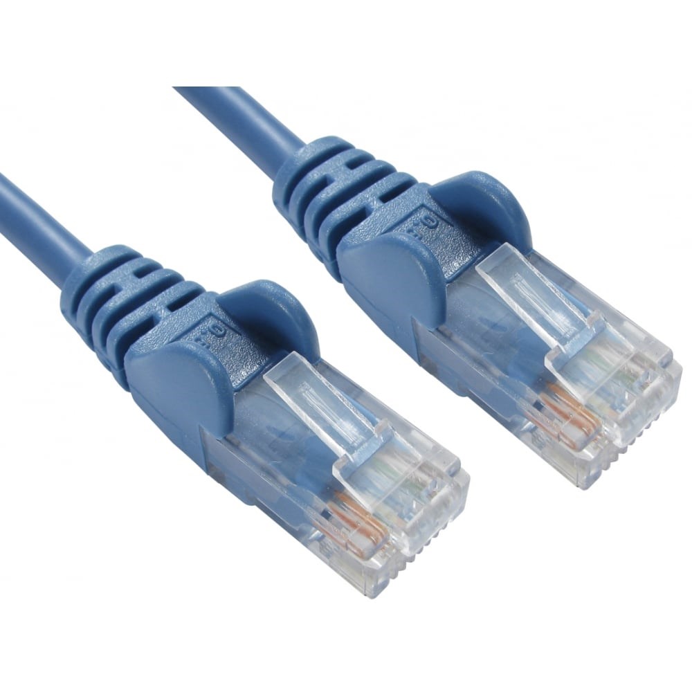 Blue 5m economy networking cable with clear connectors, designed for 10/100 Mbps Ethernet connections, featuring flexible plastic material and sturdy RJ45 ends.