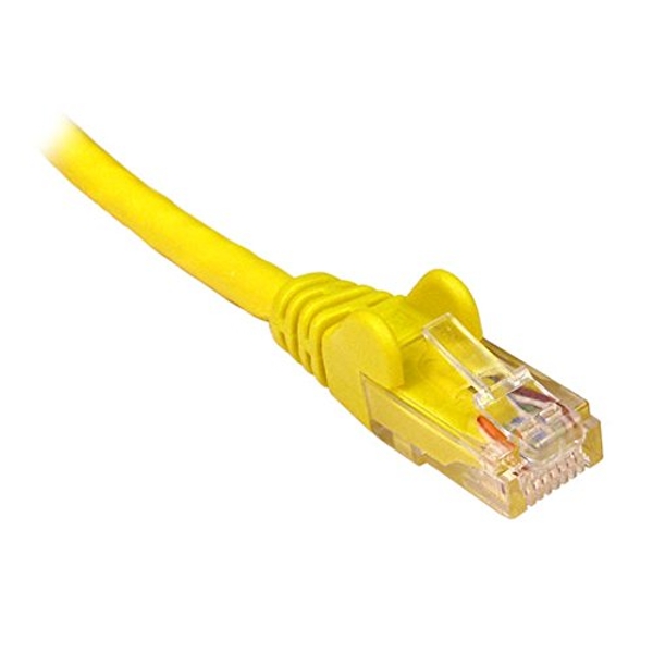Yellow 5m Ethernet networking cable with a clear plastic connector, featuring eight metal pins for data transmission, designed for 10/100 Mbps speeds.