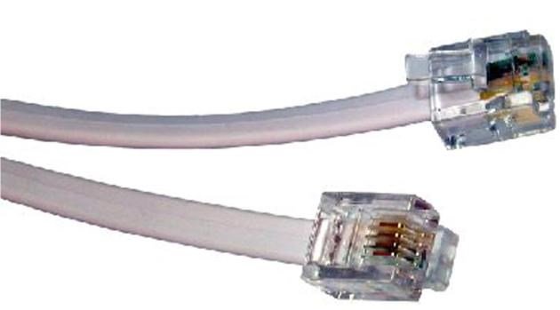 Grey 5m RJ11 modem cable with clear plastic connectors, featuring multiple metal pins visible inside each connector for secure connection.