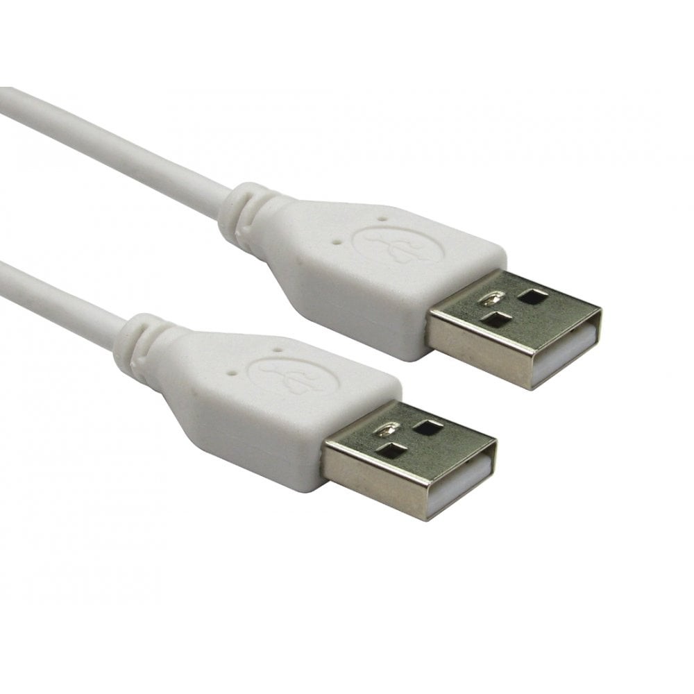 White USB 2.0 cable, 3 meters long, featuring USB A connectors on both ends with a smooth plastic finish and metallic contacts.