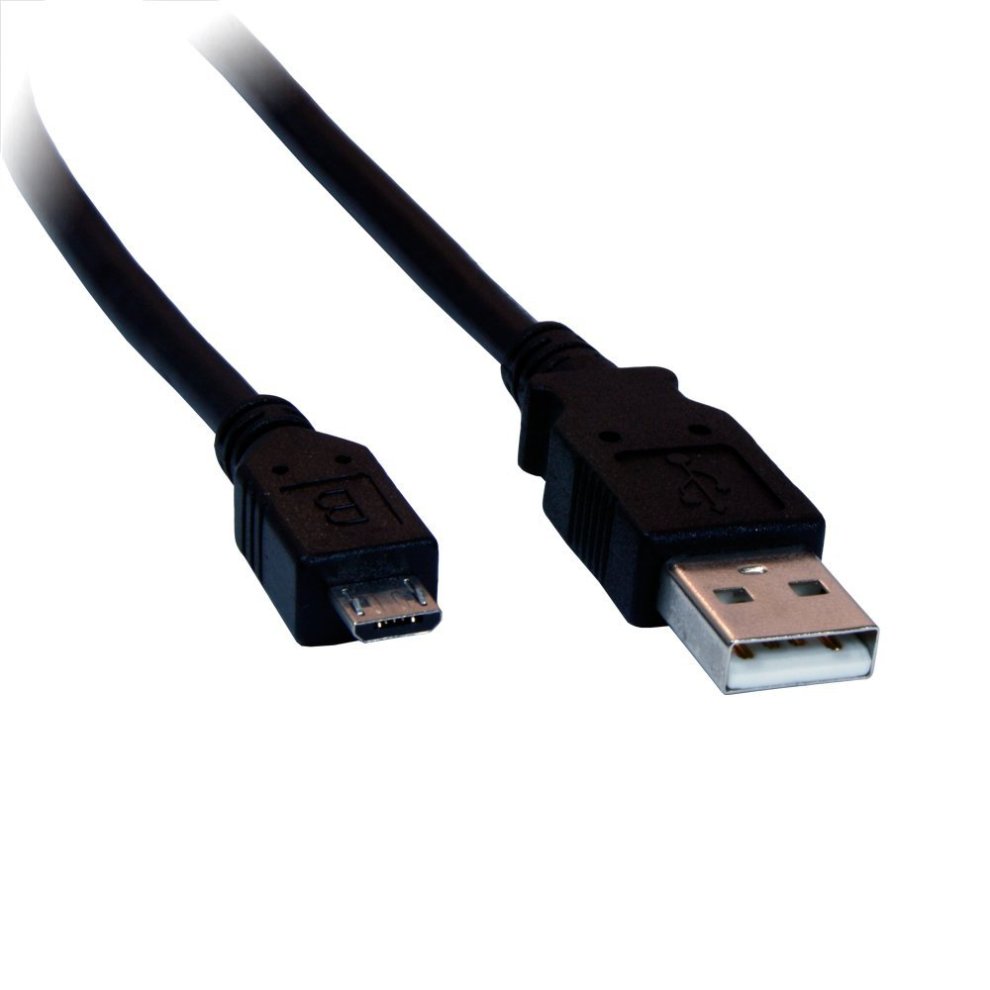 Black USB 2.0 cable, 5 meters long, featuring a standard USB-A connector on one end and a Micro-USB-B connector on the other, made of durable plastic material.