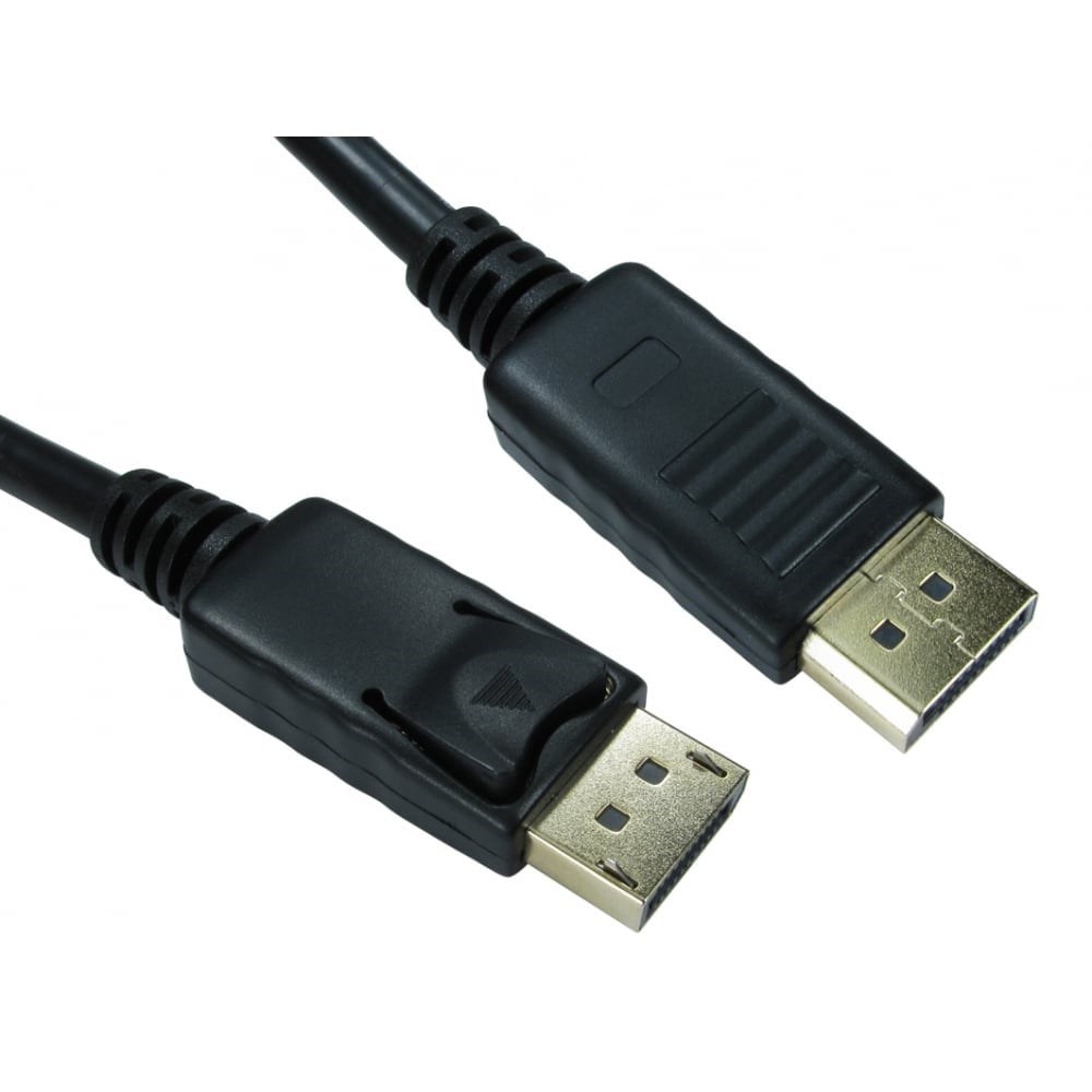 Black DisplayPort cable, 15 meters long, featuring sturdy connectors with gold-plated tips and textured grips for easy handling.