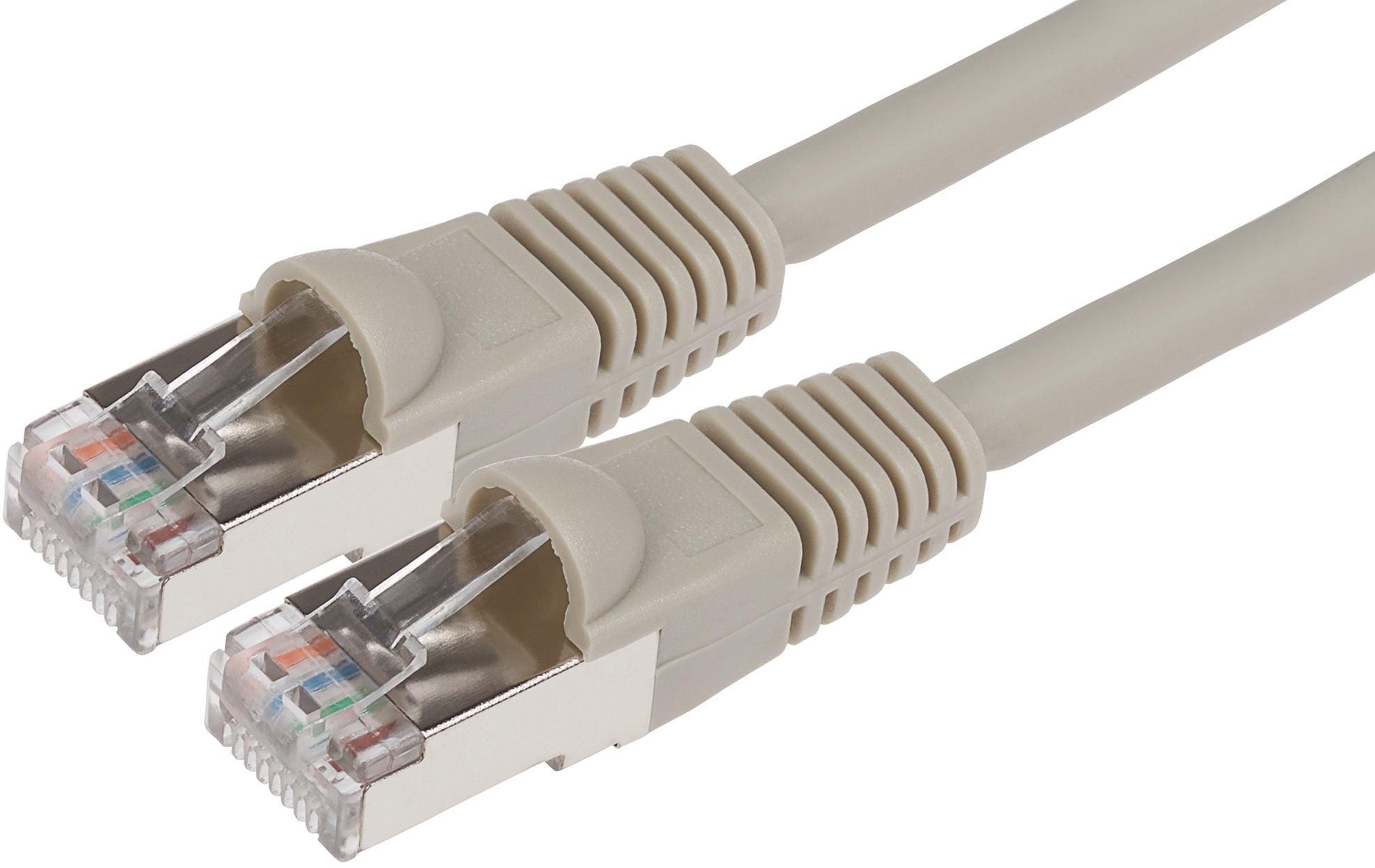 Grey 50-meter Cat6a S/FTP networking cable with two clear connectors, featuring a sturdy design and flexible material for reliable data transmission.