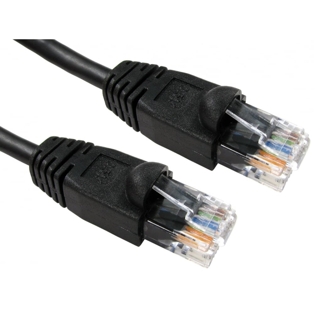Black 2-meter Cat5e U/UTP networking cable featuring clear plastic connectors with eight color-coded wires visible inside.