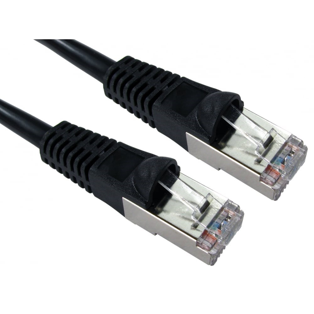 Black 3-meter Cat5e F/UTP networking cable featuring clear plastic connectors with metal clips on both ends for secure connections.