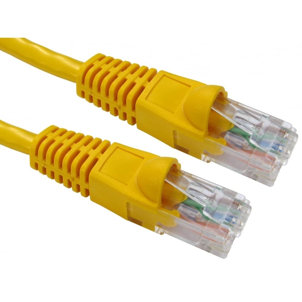 Yellow 5-meter Cat6 U/UTP networking cable featuring two clear RJ45 connectors with protective yellow boots.