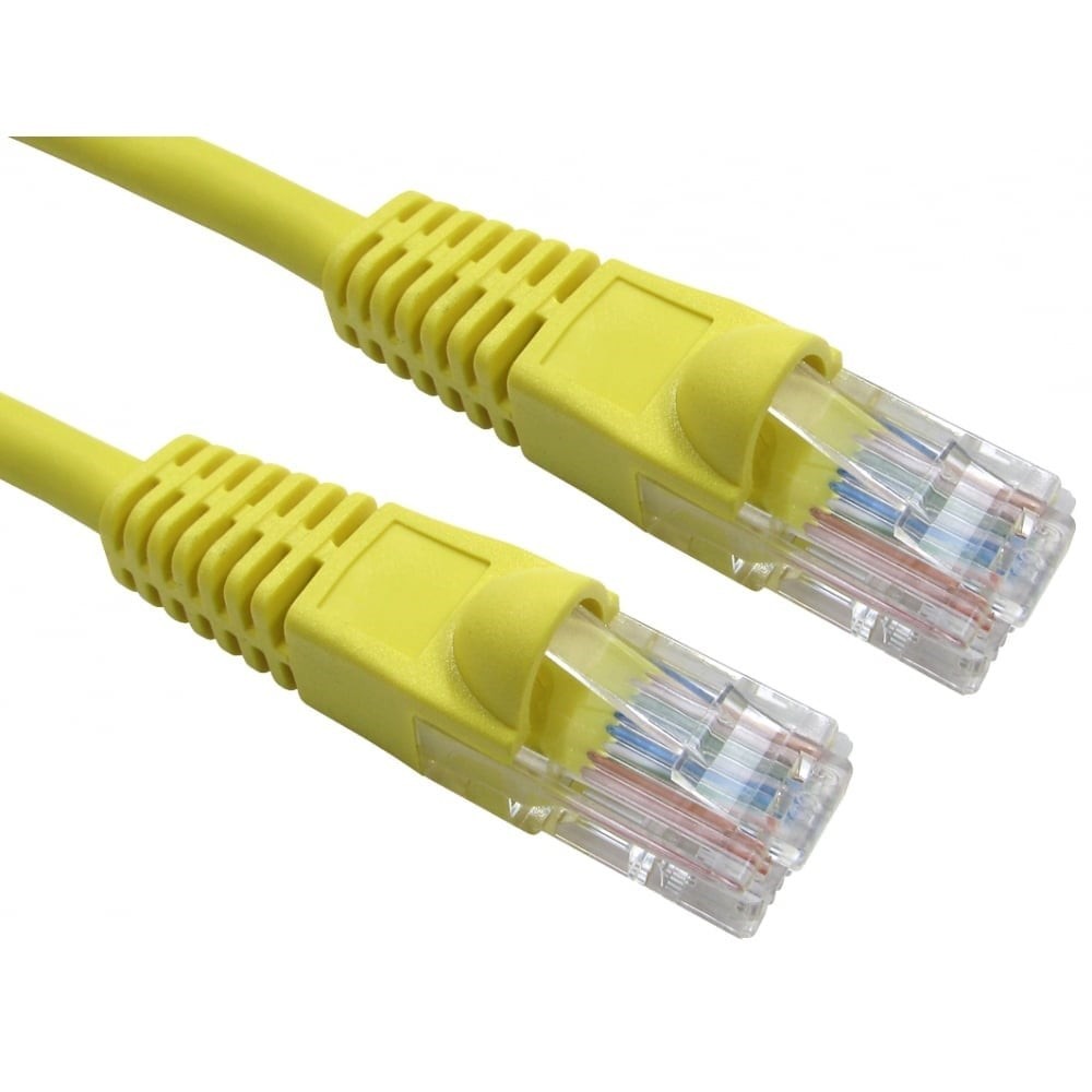Yellow 1-meter Cat6 U/UTP networking cable with clear connectors, featuring a flexible plastic exterior and eight internal wires for high-speed data transmission.
