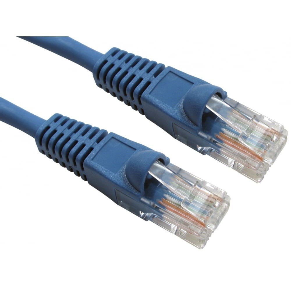 Blue 10-meter Cat6 U/UTP networking cable with clear plastic connectors, featuring eight color-coded wires visible through the ends.