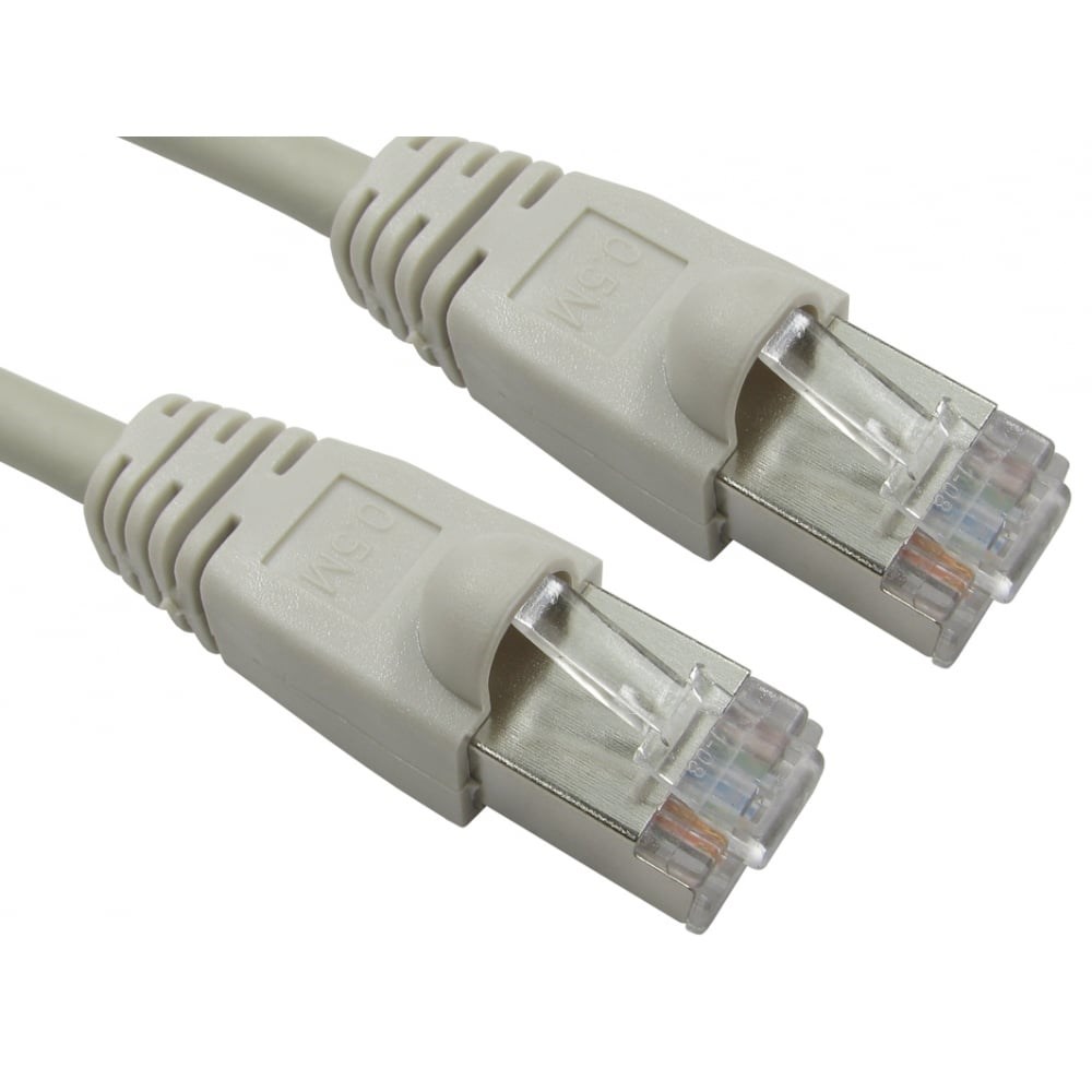 Grey 0.5 m Cat6 F/UTP networking cable with clear plastic connectors, featuring eight gold-plated pins for optimal data transmission.