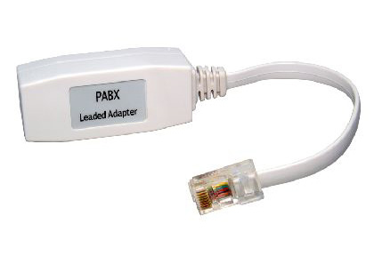 White 0.2 M telephone cable with a clear connector and a rectangular adapter labeled "PABX," designed for connecting telecommunication devices.
