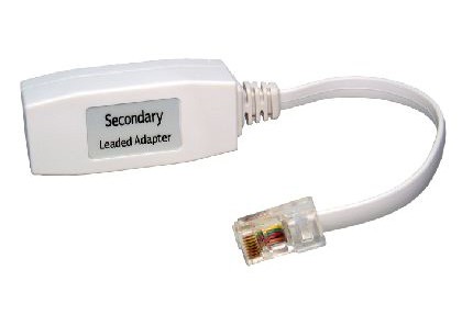 White VoIP telephone adapter with a clear plastic connector, labeled "Secondary Leaded Adapter," featuring a short cable for easy connection.