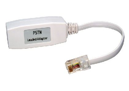 White VoIP telephone adapter with a clear label reading "PSTN" and a short, attached cable ending in a transparent RJ11 connector.
