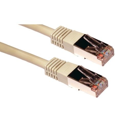 Grey 10m Cat5e networking cable with clear plastic connectors on both ends, featuring eight color-coded wires visible through the transparent casing.
