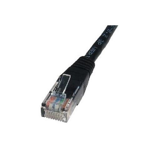 Black Cat5e patch networking cable, 30 meters long, featuring a clear plastic connector with eight colored wires visible inside.