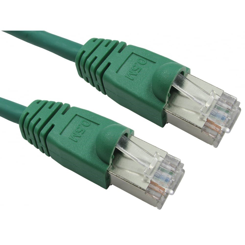 Green 15m Cat6 FTP networking cable with two clear connectors, featuring a flexible design suitable for high-speed data transmission.