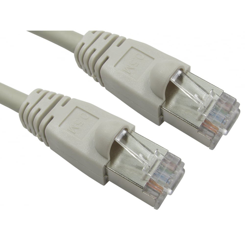 Grey 25m Cat6 FTP networking cable with two transparent connectors, featuring a flat design for improved flexibility and reduced interference.