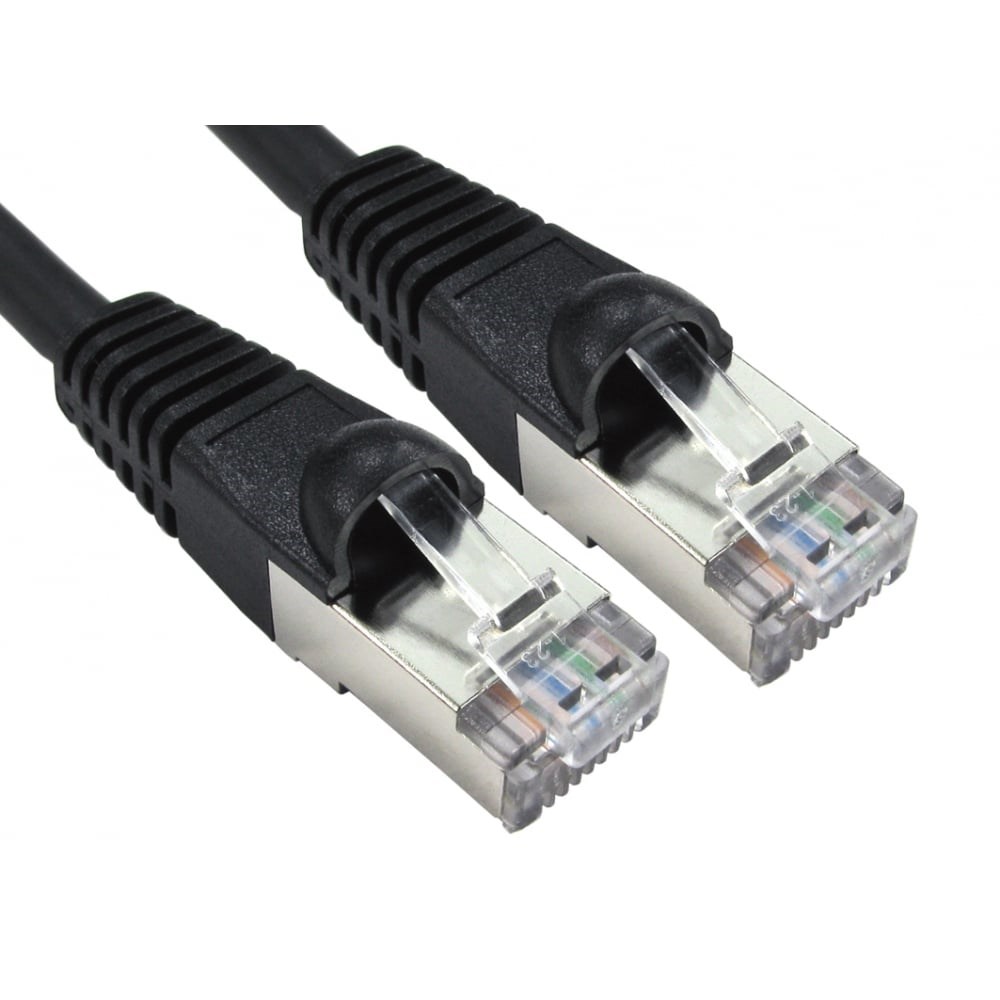 Black 15m Cat6a networking cable with S/FTP (S-STP) shielding, featuring two clear connectors with metal clips for secure connections.