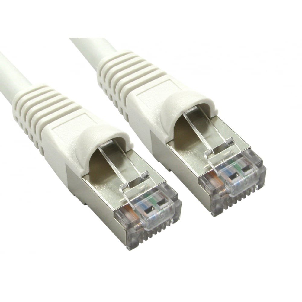 White 1m Cat6a S/FTP networking cable with clear plastic connectors on both ends, designed for high-speed data transmission.