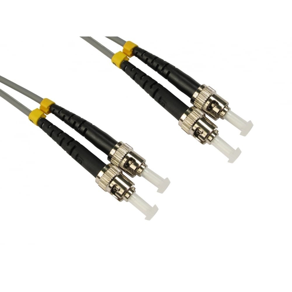 1m OM1 optic cable with two ST connectors, featuring gray cable sheathing and yellow accents on the connector grips, designed for high-speed data transmission.