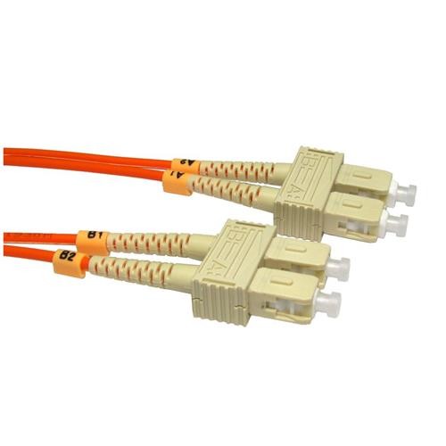 Orange 1m OM2 fibre cable featuring SC connectors on both ends, with beige plastic housings and labeled with numbers for easy identification.