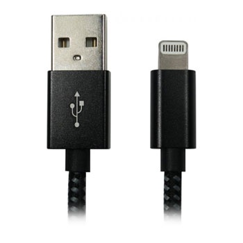Black braided USB 2.0 Type-A to Lightning cable, 2m long, MFI certified, featuring a USB connector on one end and a Lightning connector on the other.