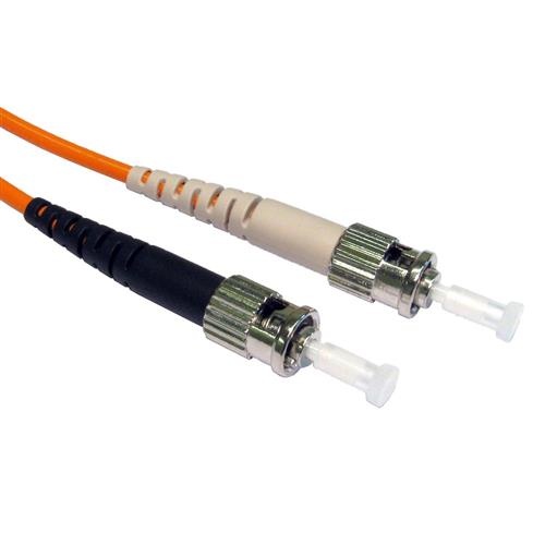 Orange 3m OM2 fibre cable with ST connectors, featuring a black and beige plastic grip and metal housing, designed for high-speed data transmission.