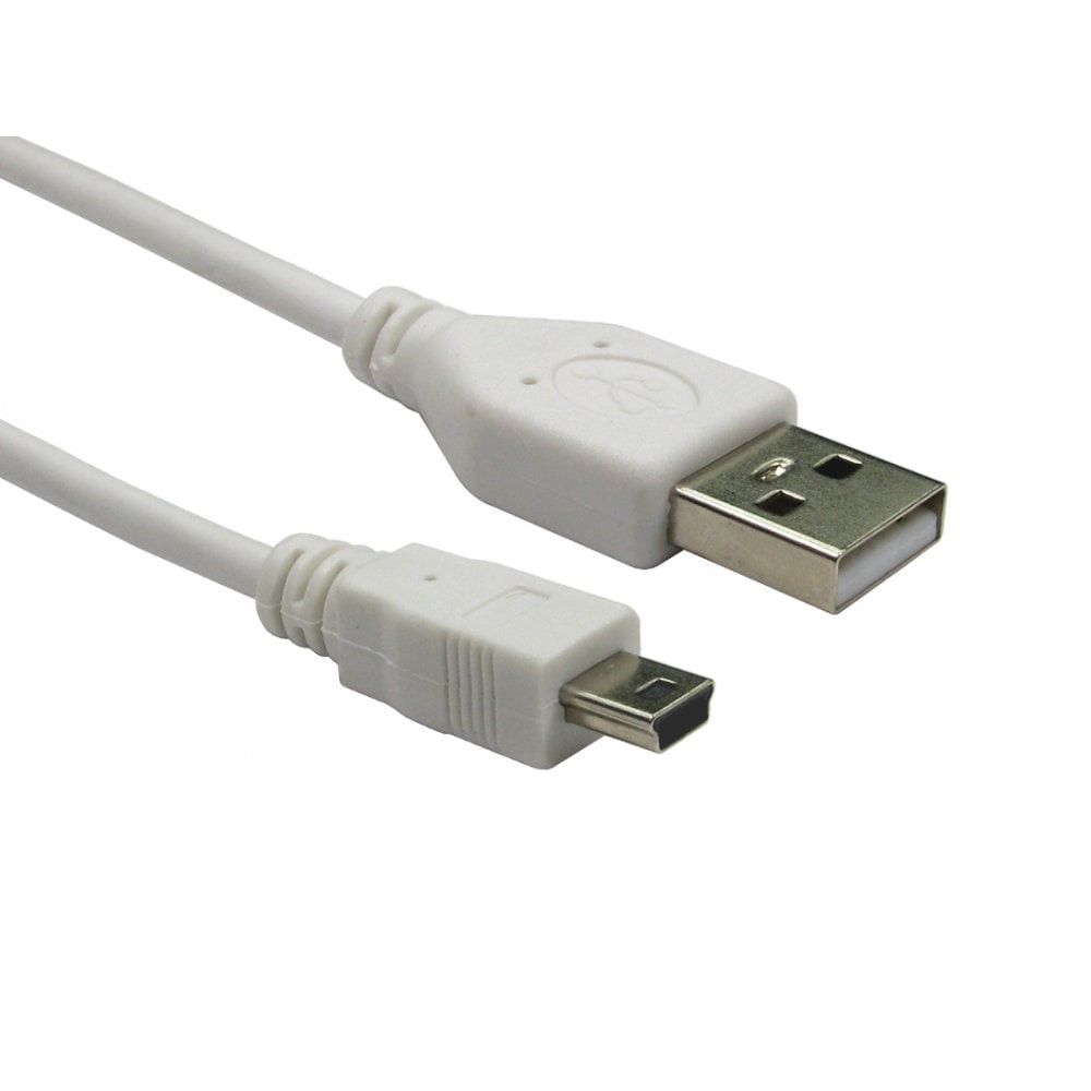 White 3-meter USB 2.0 cable featuring a standard USB-A connector and a 5-pin Mini-B connector, designed for data transfer and charging.