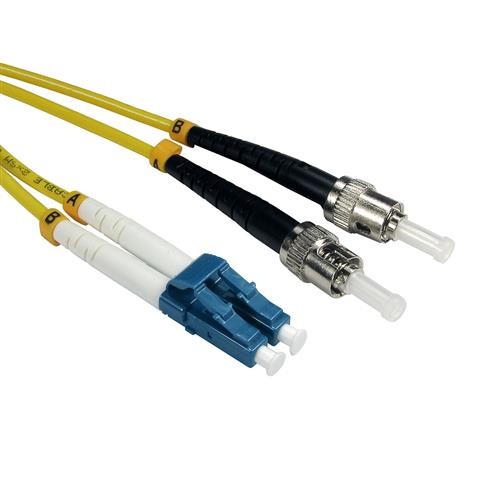 Yellow 5-meter fiber optic cable with LC and ST connectors, featuring blue and black plastic housings, and labeled ends for easy identification.