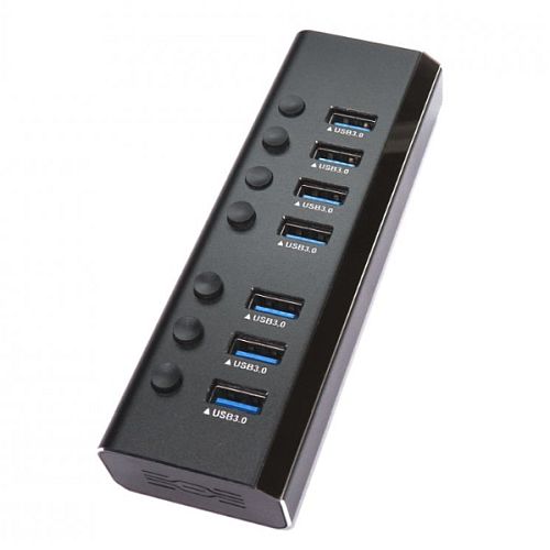 Black, rectangular USB hub with seven blue USB 3.0 ports and labeled buttons for each port, designed for efficient connectivity and data transfer.