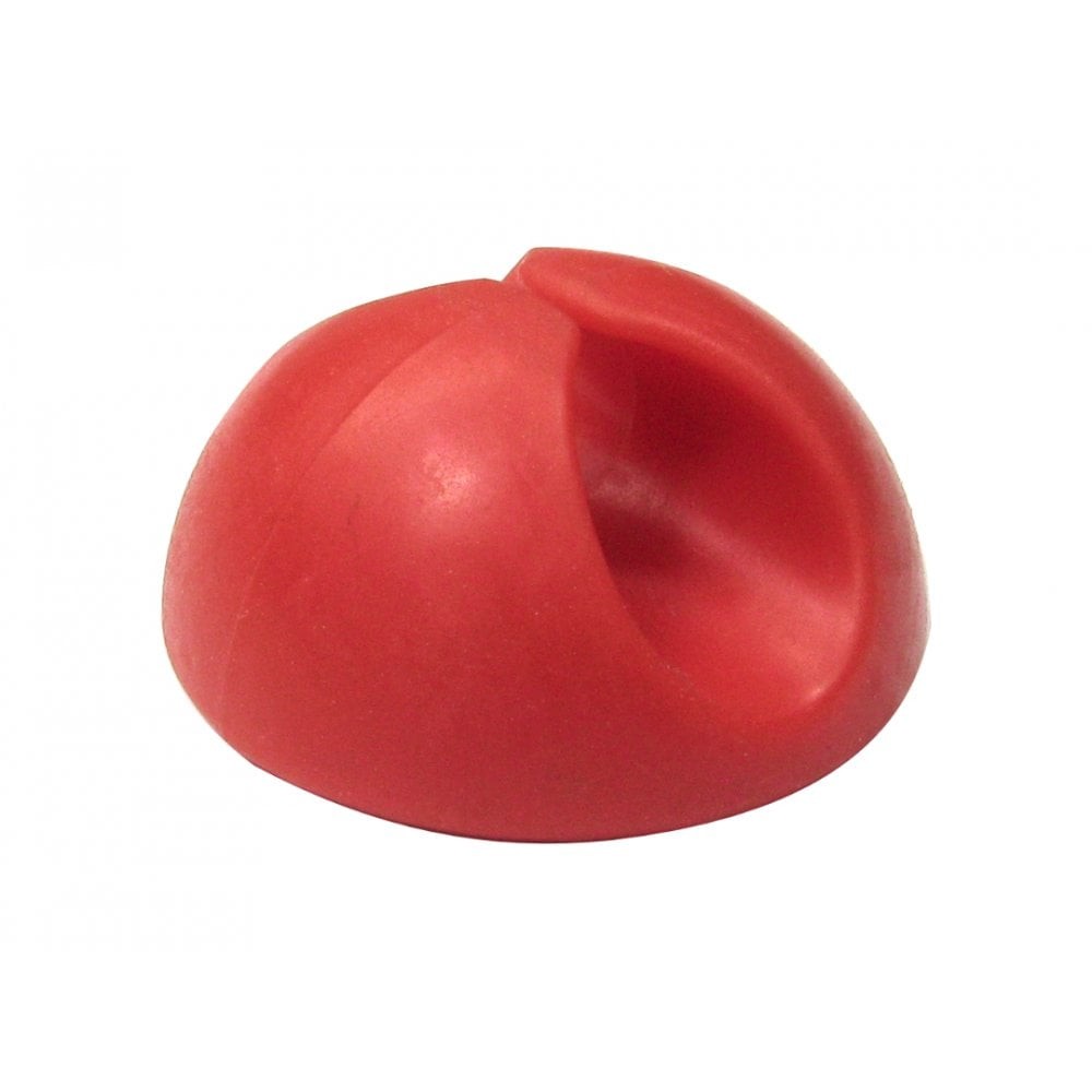 Red rubber desk tidy with a curved design and a central slot for organizing cables, sold in a pack of ten.