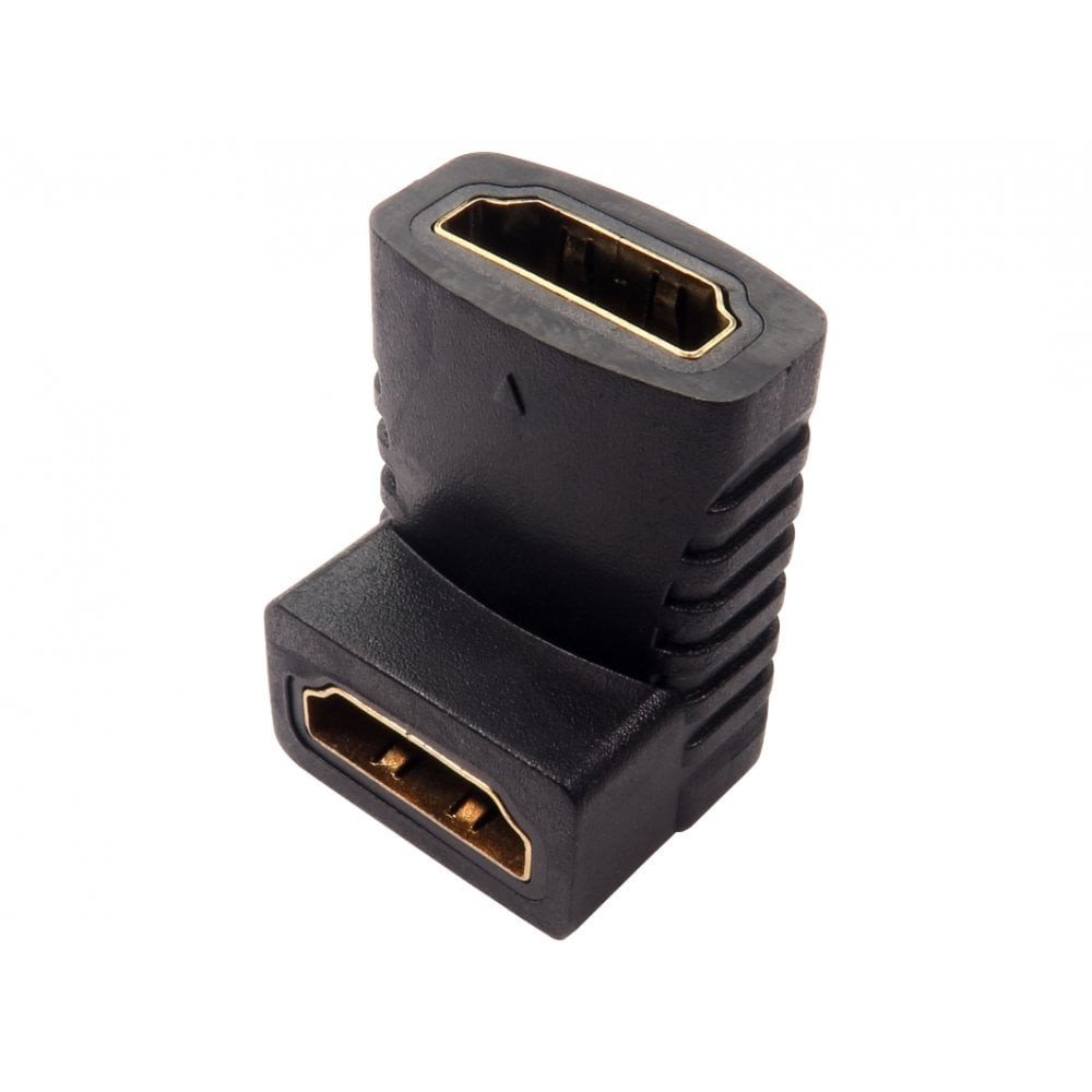 Black HDMI R/A female-to-female gender changer with gold-plated connectors, featuring a right-angle design for space-saving connectivity.