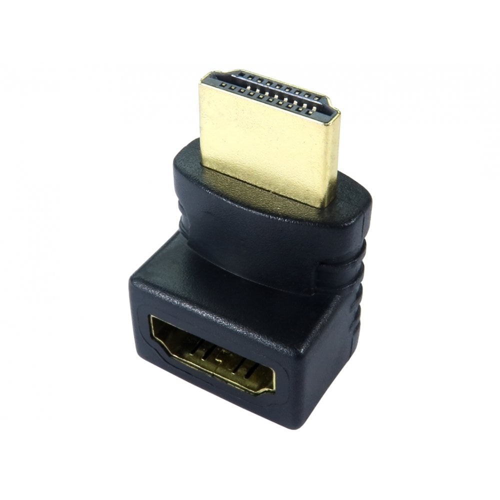 Right-angled HDMI adapter in black plastic with a gold-plated connector, designed for space-saving connections in tight spaces.
