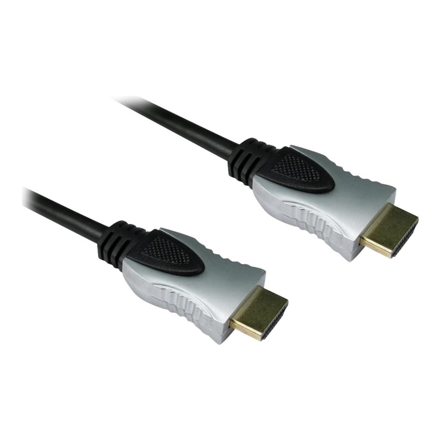 Black HDMI cable with two silver connectors, featuring a textured grip and gold-plated tips, measuring 2 meters in length.
