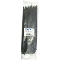 Black nylon cable ties in a clear plastic pack, labeled "Cables Direct CT-368B," long and narrow design.