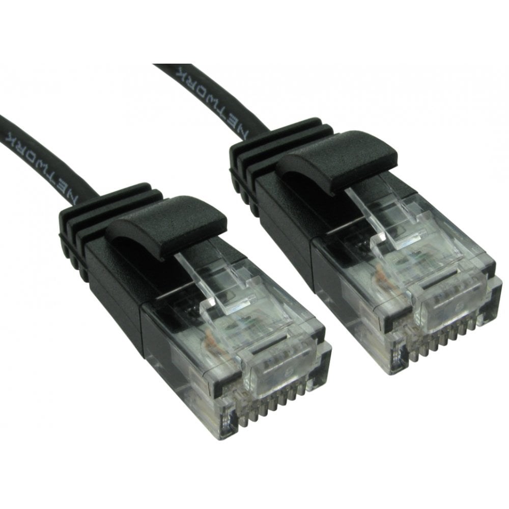 Black 1-meter Cat6 U/UTP networking cable featuring clear connectors with locking clips on both ends for secure connections.