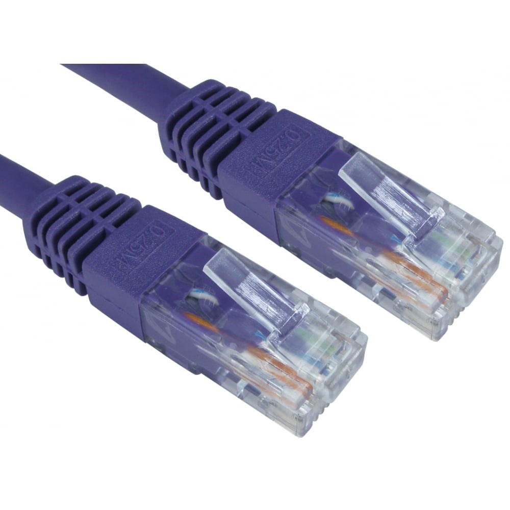 Violet 1.5-meter Cat6 U/UTP networking cable featuring clear connectors and eight color-coded wires visible through the transparent casing.